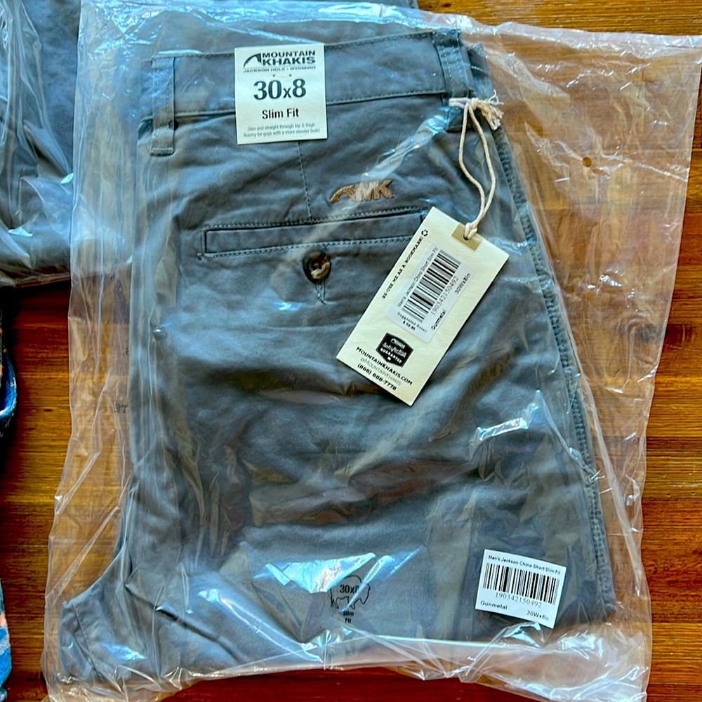 Men’s Mountain Khaki shorts, two pairs new in bag.